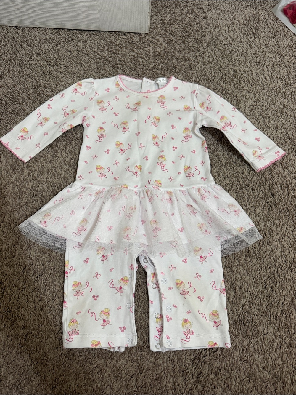 Kissy Kissy Baby Girl's White and Pink Ballerina Print Long Sleeve Tutu Romper